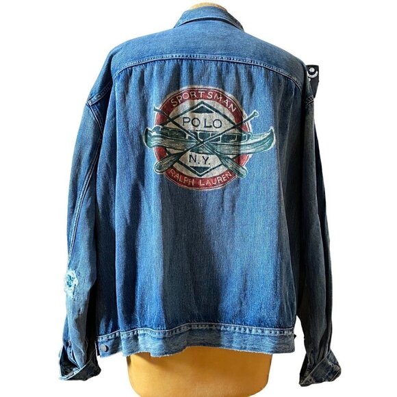 Polo Ralph Lauren Sportsman Distress Patch Trucker Jean Jacket Big 4X USA FLAG - Picture 2 of 15